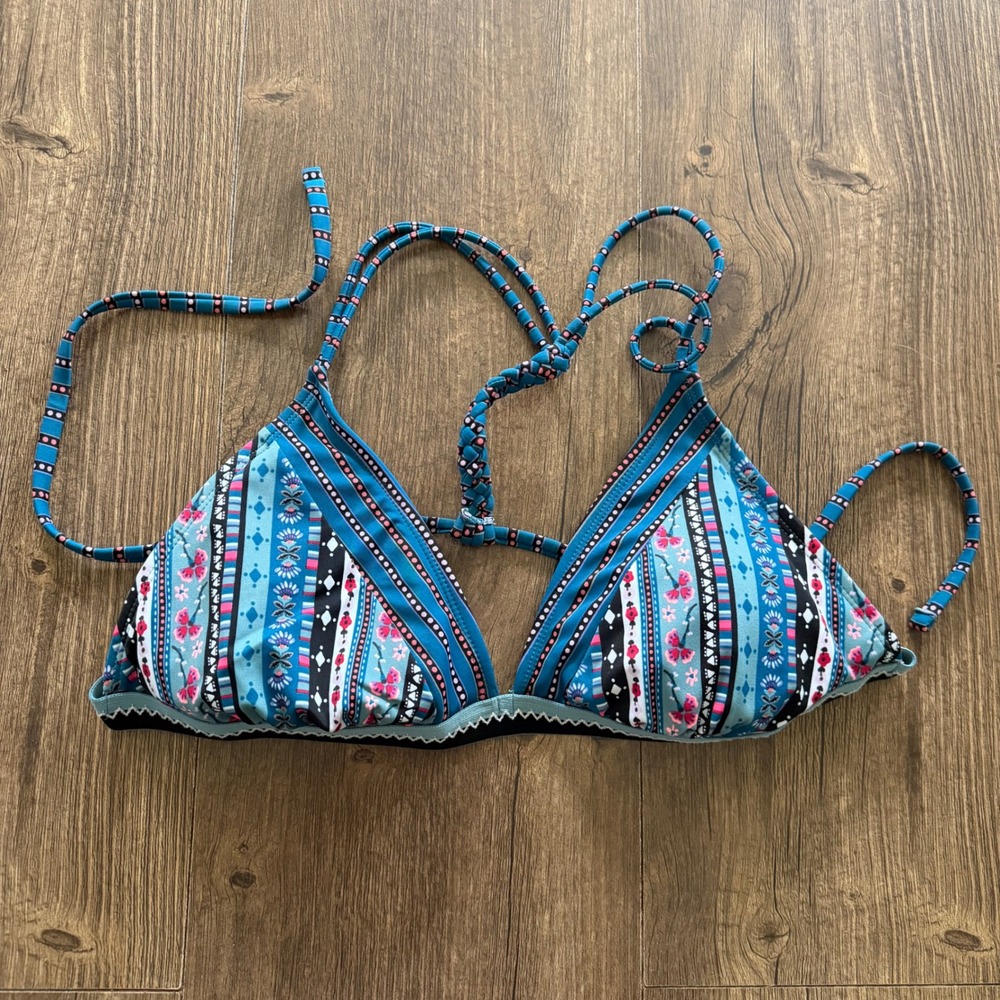 Xhilaration Bikini Top Teal Blue Boho Floral Braided Triangle Festival Large